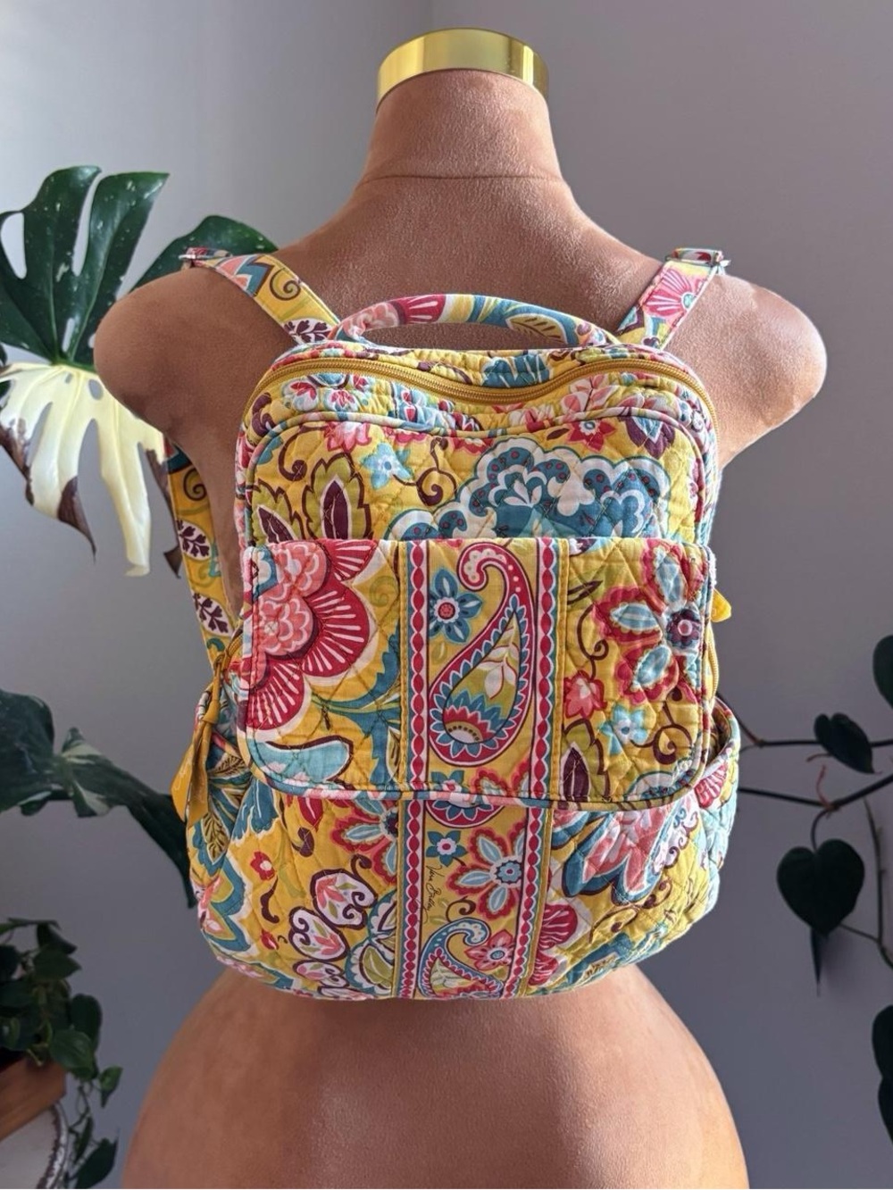 Vera Bradley Yellow Floral Paisley Quilted Backpack Boho  Retired Pattern